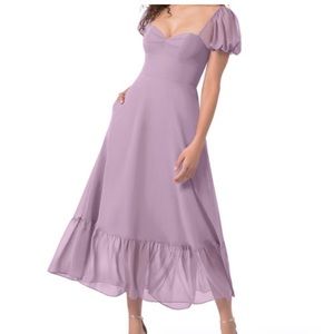 Azazie Baby A-line sweetheart Ruched Chiffon Tea-Length Dress Wisteria